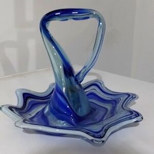 Blue & clear swirl Art Glass umbrella dish with handle vintage